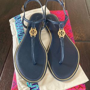 Tory Burch Navy thong sandal with gold emblem